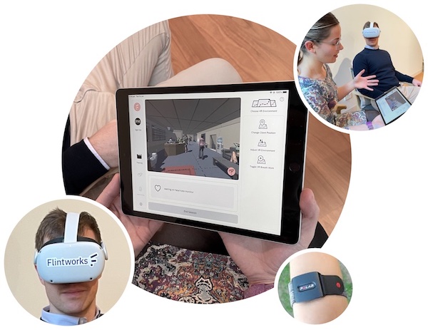 Flintworks system overview showing a psychologist using our iPad app & a patient experiencing our VR app
